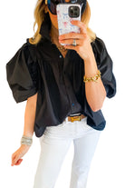 Black Ruched Puff Sleeve Loose Buttoned Up Blouse - Stormyjay