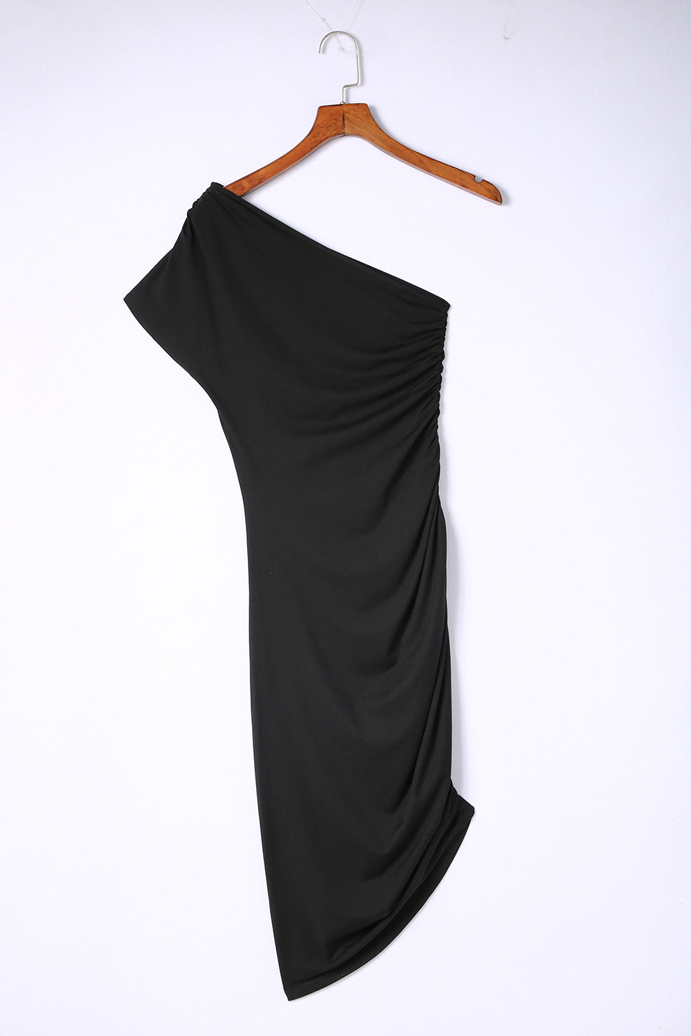 Black One-shoulder Short Sleeve Ruched Bodycon Dress - Stormyjay