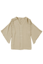 Parchment Solid Color Crinkled V Neck Ruffled Sleeve Blouse - Stormyjay