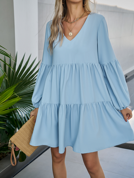 Women's Blue Puff Sleeve V-neck Mini Dress HTL67HZ7EM - Stormyjay