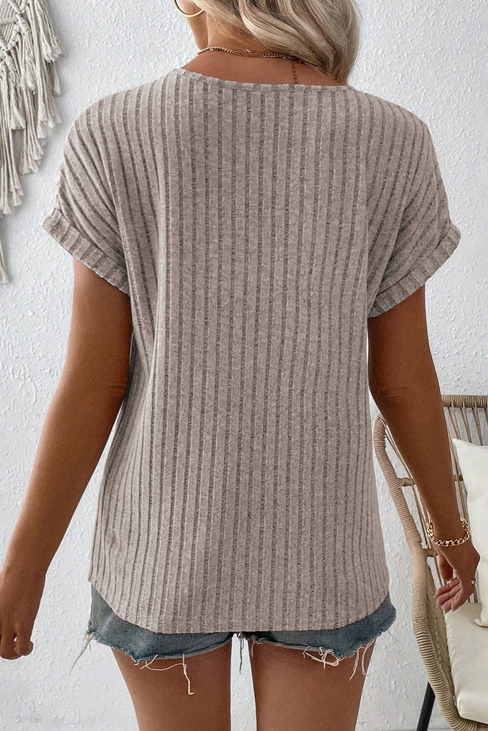 Parchment Ribbed Notched V Neck Button Decor T shirt - Stormyjay