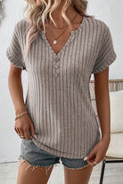 Parchment Ribbed Notched V Neck Button Decor T shirt - Stormyjay