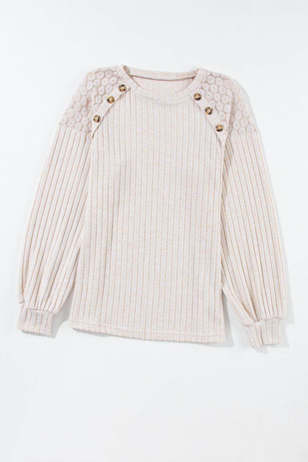 Parchment Contrast Lace Raglan Sleeve Buttoned Ribbed Top - Stormyjay