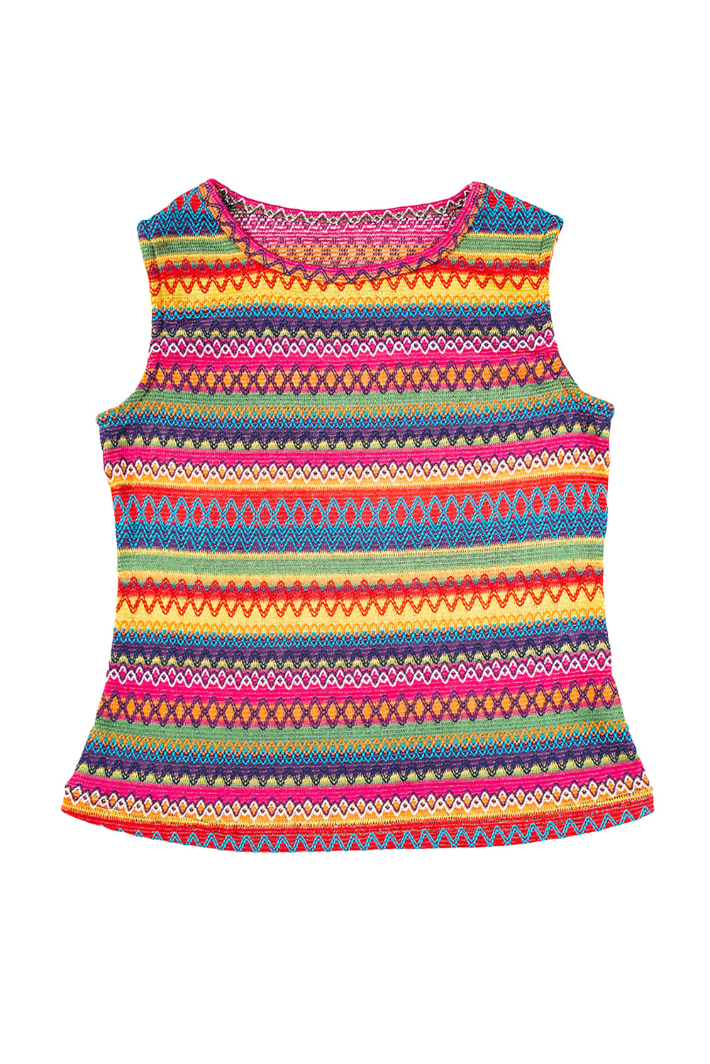Yellow Ethnic Wavy Pattern Round Neck Sleeveless Top - Stormyjay