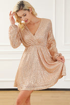 Apricot Wrapped V-neck Sequin Dress - Stormyjay