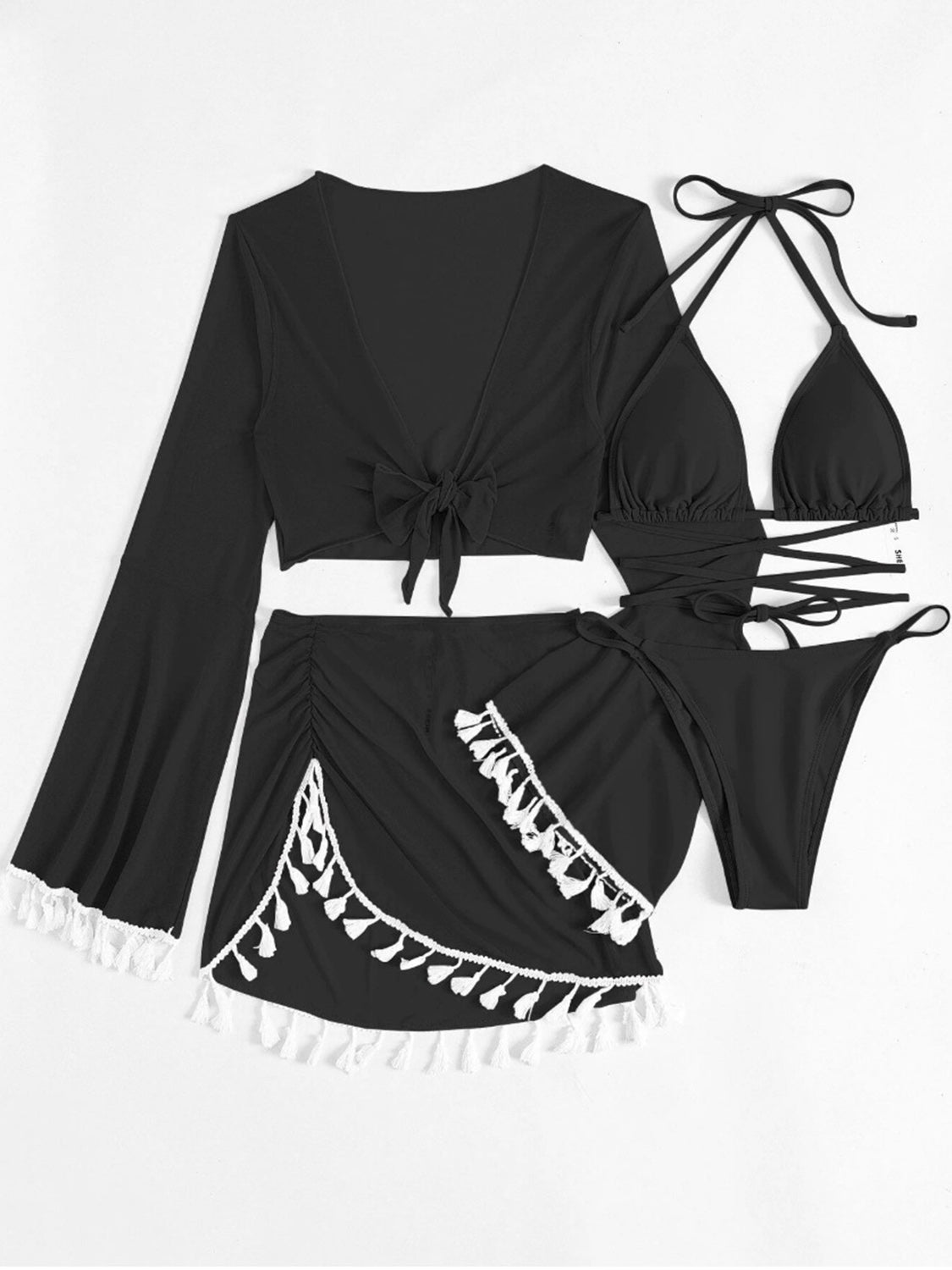 Halter Neck Bra, Bottom, Tassel Flare Sleeve Cover-Up and Skirt Four-Piece Swim Set - Stormyjay