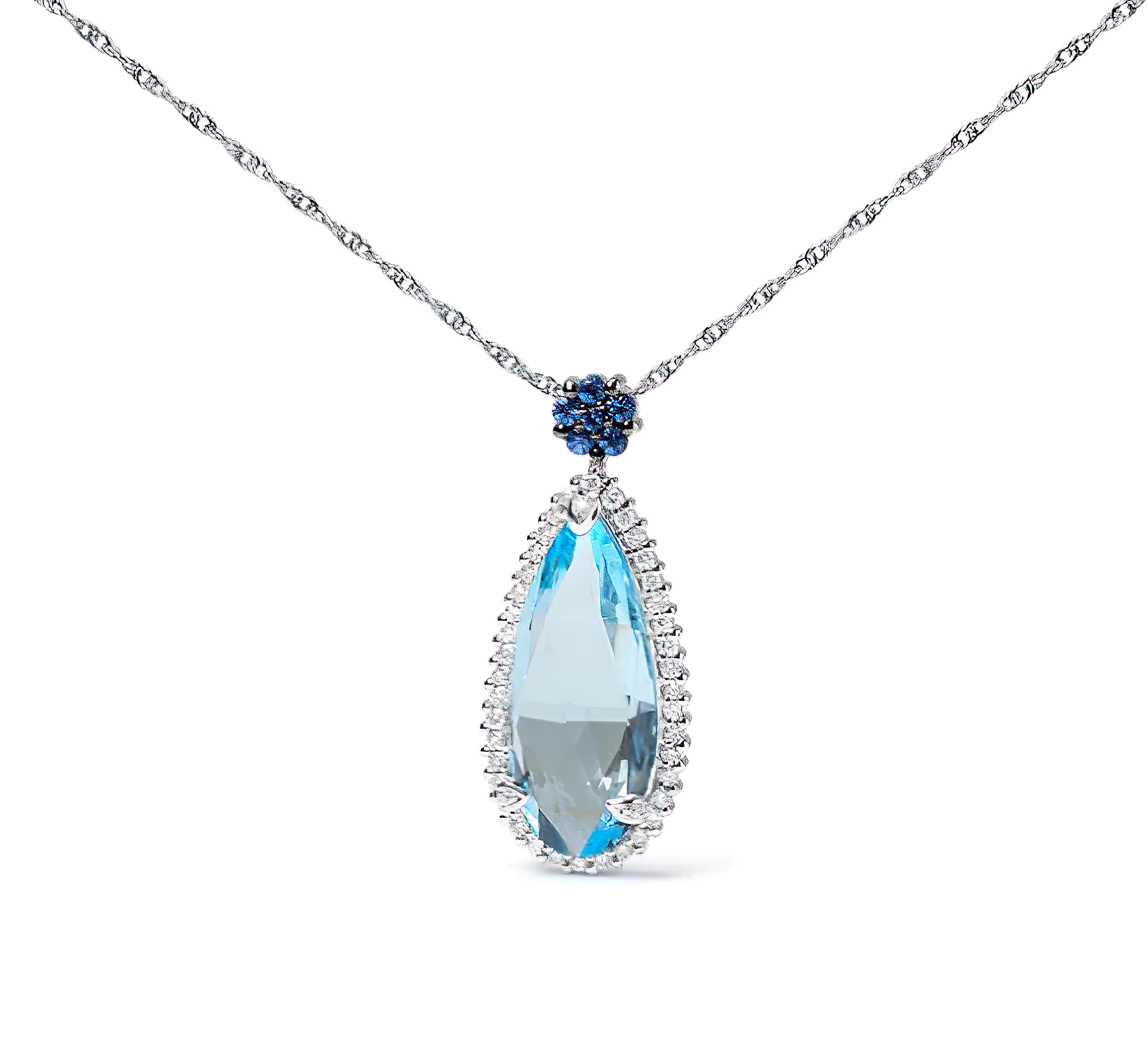 18K White Gold 3/8 Cttw Pave Set Diamond and Sky Blue Topaz and Blue Sapphire Gemstone Floral Teardrop Halo 18" Pendant Necklace (G-H Color, SI2-I1 Clarity) - Stormyjay