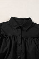 Black Ruched Puff Sleeve Loose Buttoned Up Blouse - Stormyjay