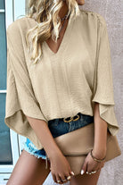 Parchment Solid Color Crinkled V Neck Ruffled Sleeve Blouse - Stormyjay