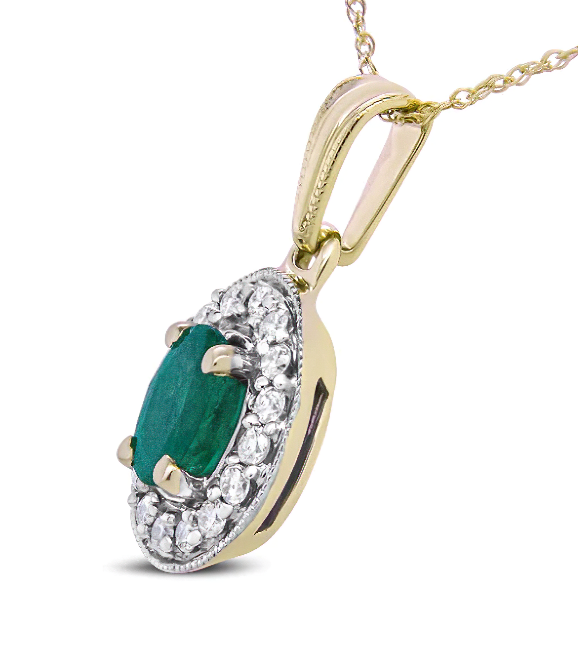 14K Yellow Gold 6x4mm Emerald and 1/5 Cttw Round Diamond Halo Pendant 18" Necklace - (H-I Color, SI1-SI2 Clarity) - Stormyjay