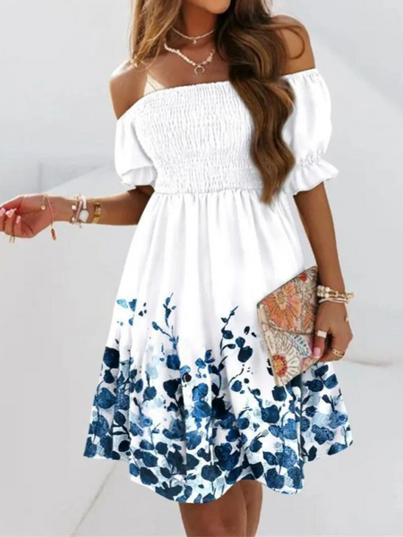 Printed Off the Shoulder Ruffle Pleated Dress HWUDKUPMLN - Stormyjay