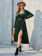 Tie Front Long Sleeve Slit Dress - Stormyjay