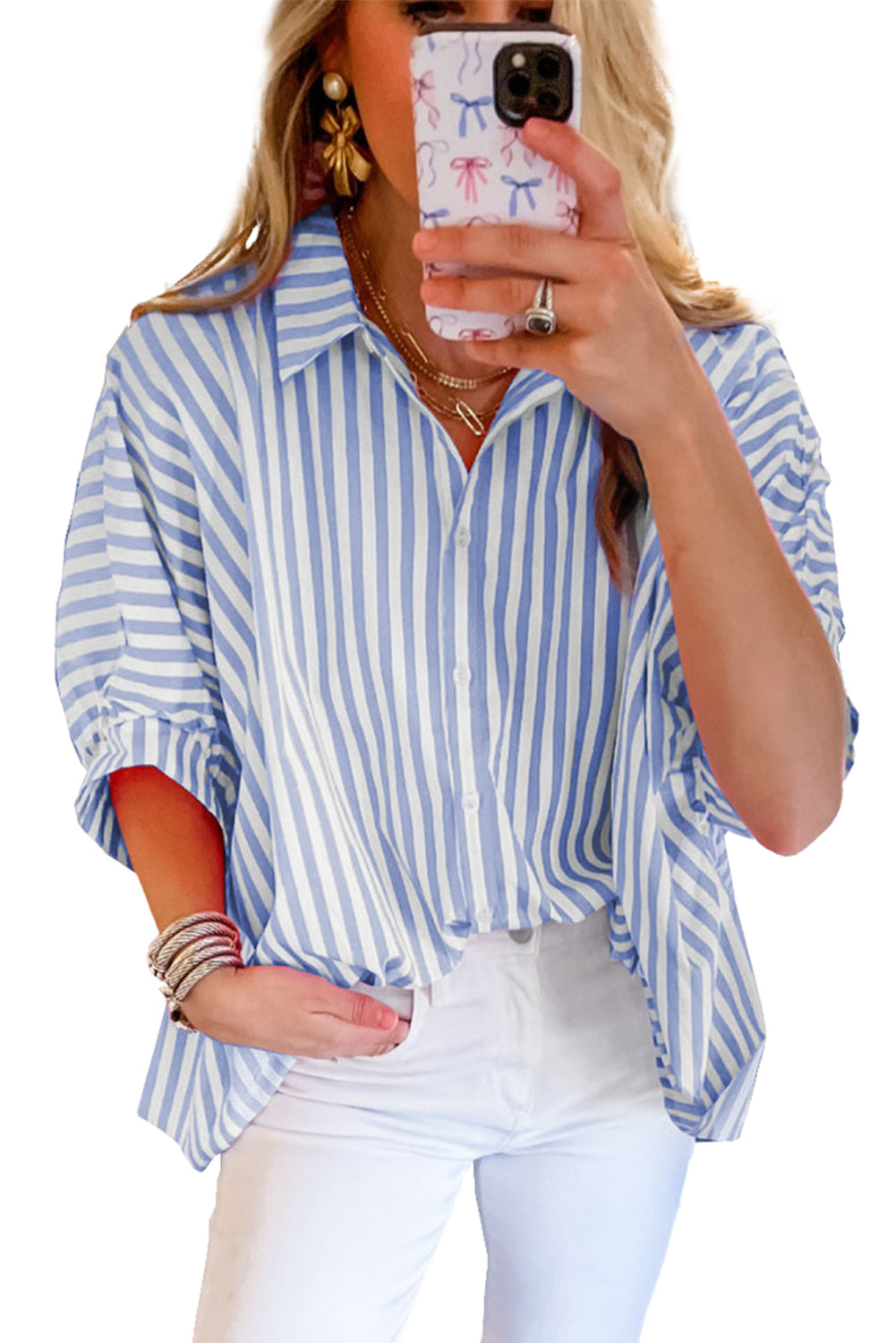 Pink Stripe Button Up Dolman Shirt - Stormyjay