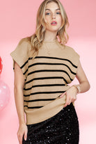 Parchment Striped Knit Mock Neck Short Sleeve Sweater - Stormyjay