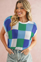 Grapefruit Orange Checkered Color Block Cap Sleeve Knitted Top - Stormyjay