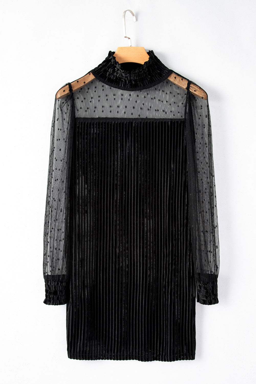 Black Dotted Mesh Striped Frilled Neck Bubble Sleeve Dress - Stormyjay