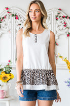 White and Cheetah Print Sleeveless Button Front Tank Top - Stormyjay