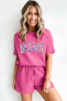 Rose Red Waffle MAMA Graphic Tee & Drawstring Shorts Set - Stormyjay