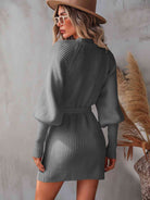 Belted Surplice Lantern Sleeve Wrap Sweater Dress - Stormyjay