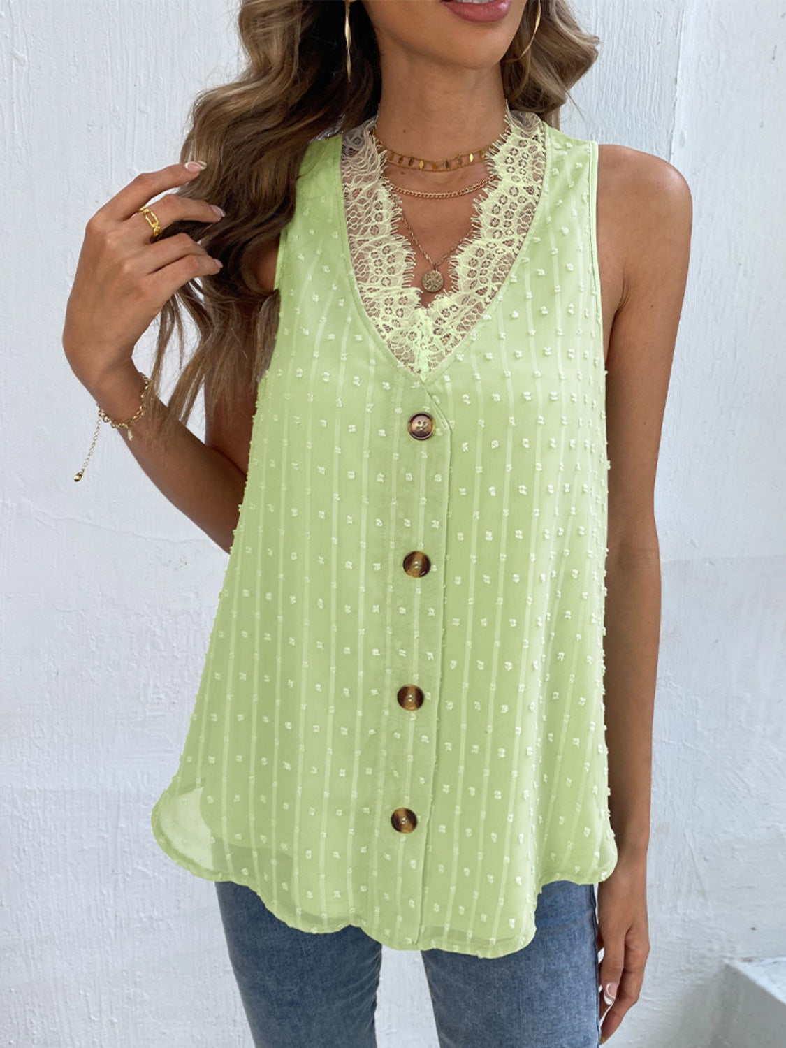 Swiss Dot Lace Detail V-Neck Tank - Stormyjay