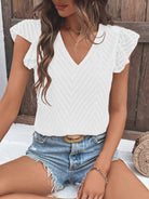 Textured V-Neck Cap Sleeve Blouse - Stormyjay