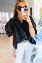 Black Ruched Puff Sleeve Loose Buttoned Up Blouse - Stormyjay