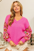 BiBi V-Neck Crochet Long Sleeve Sweater - Stormyjay