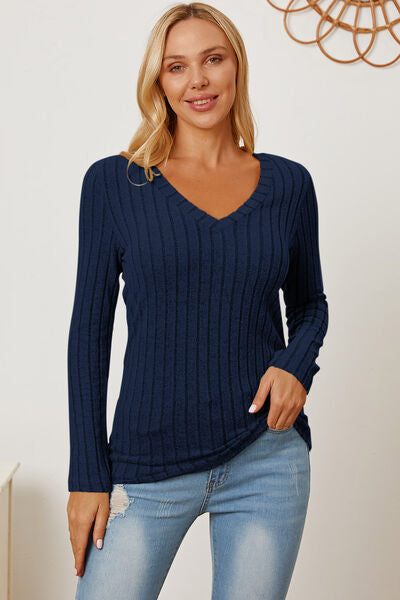 Basic Bae Full Size Ribbed V-Neck Long Sleeve T-Shirt - Stormyjay