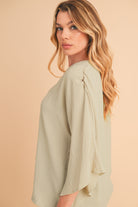 Parchment Solid Color Crinkled V Neck Ruffled Sleeve Blouse - Stormyjay