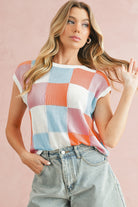 Grapefruit Orange Checkered Color Block Cap Sleeve Knitted Top - Stormyjay