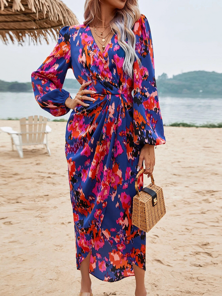 Printed V-neck Lantern Sleeve Wrap Dress HW56V7Y6F6 - Stormyjay