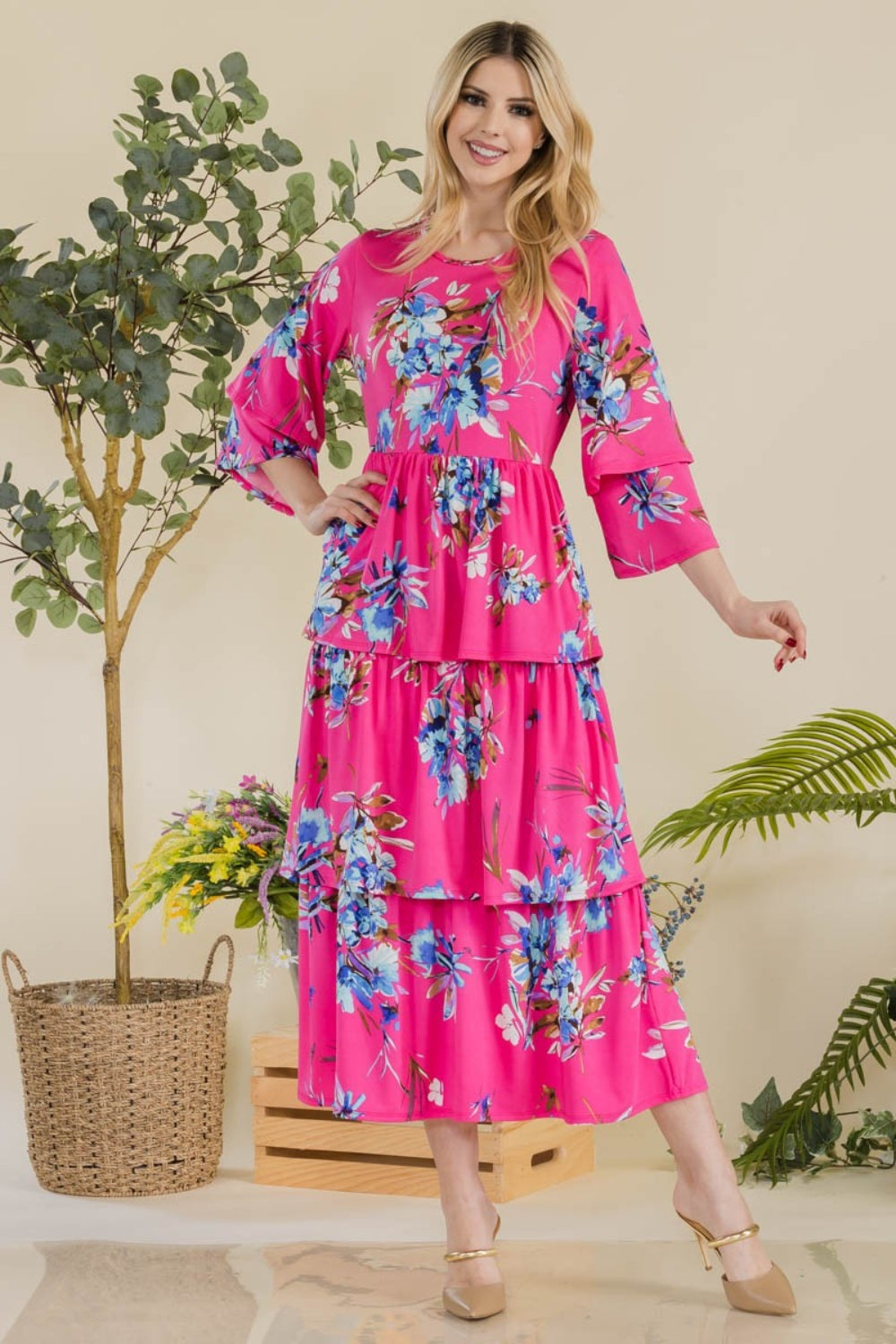 Celeste Full Size Floral Ruffle Tiered Midi Dress - Stormyjay