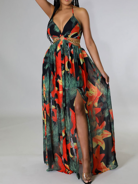 Printed Backless Side Slit Halter Dress H6VE68KF2K - Stormyjay