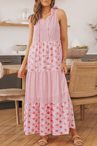 Pink Abstract Print Patchwork Sleeveless V Neck Tiered Dress - Stormyjay