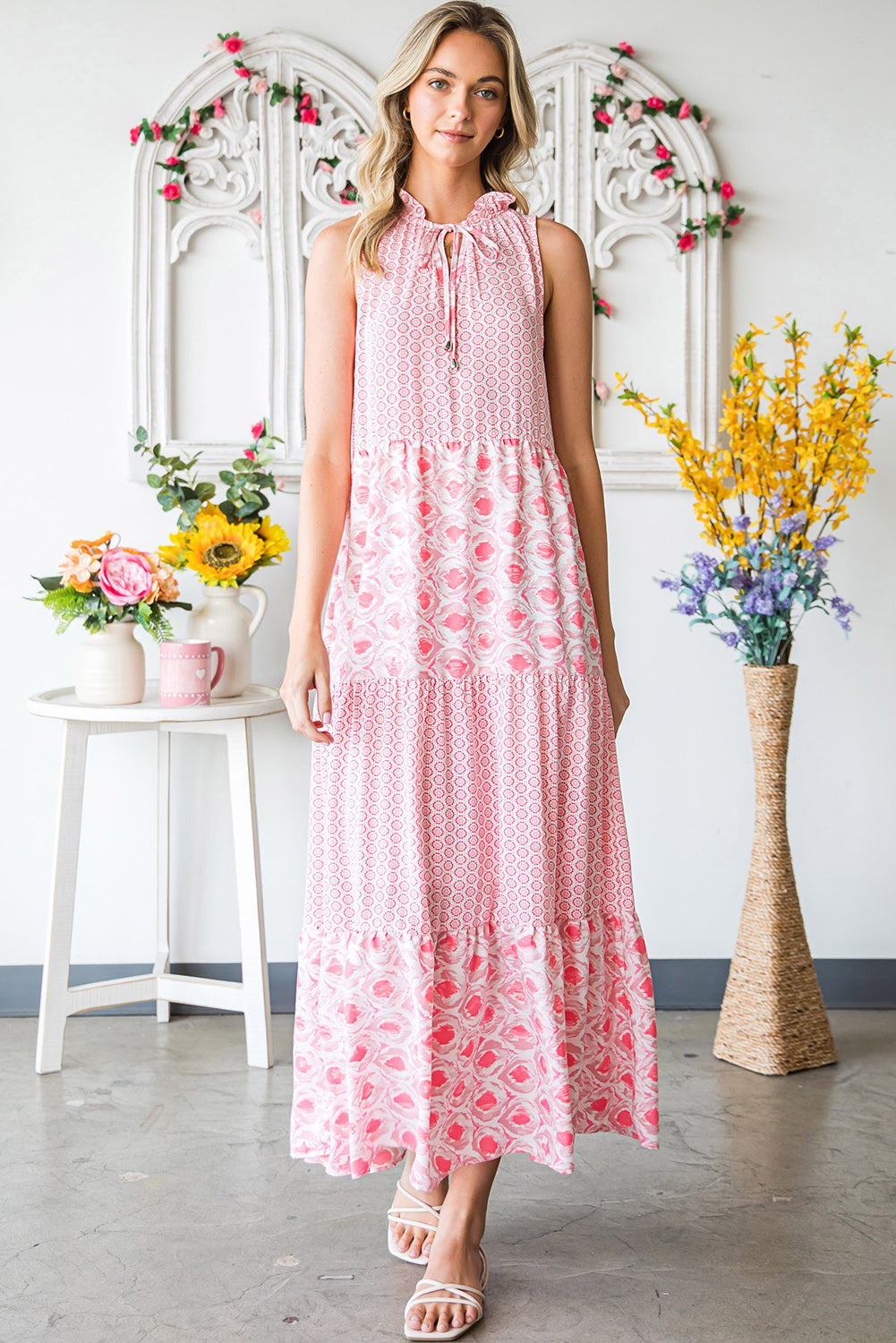 Pink Abstract Print Patchwork Sleeveless V Neck Tiered Dress - Stormyjay