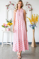 Pink Abstract Print Patchwork Sleeveless V Neck Tiered Dress - Stormyjay