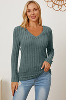 Basic Bae Full Size Ribbed V-Neck Long Sleeve T-Shirt - Stormyjay