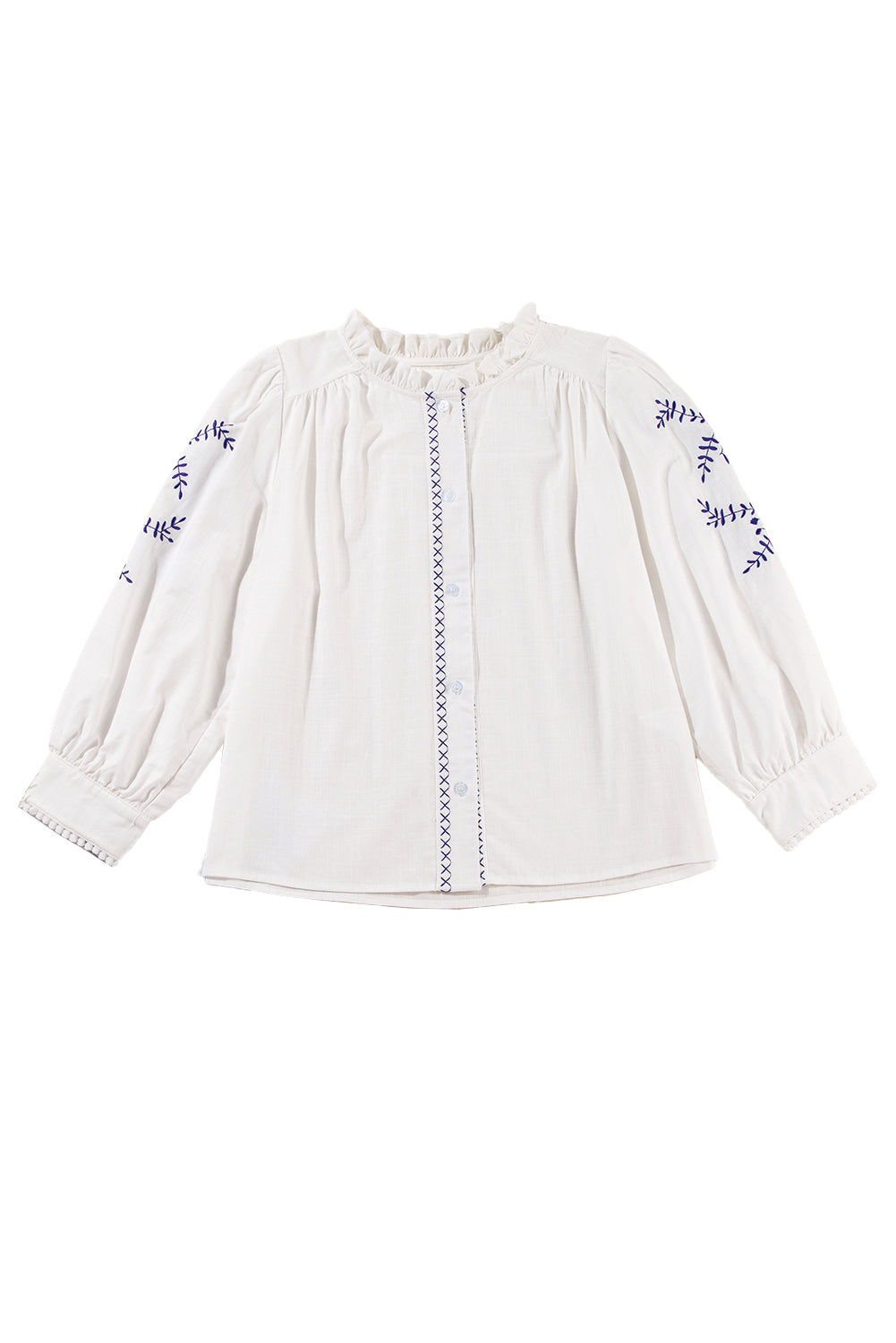 White Floral Embroidered Button Up Boho Blouse - Stormyjay