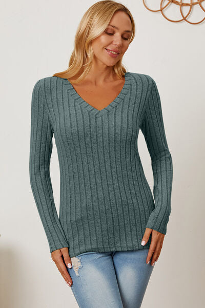 Basic Bae Full Size Ribbed V-Neck Long Sleeve T-Shirt - Stormyjay