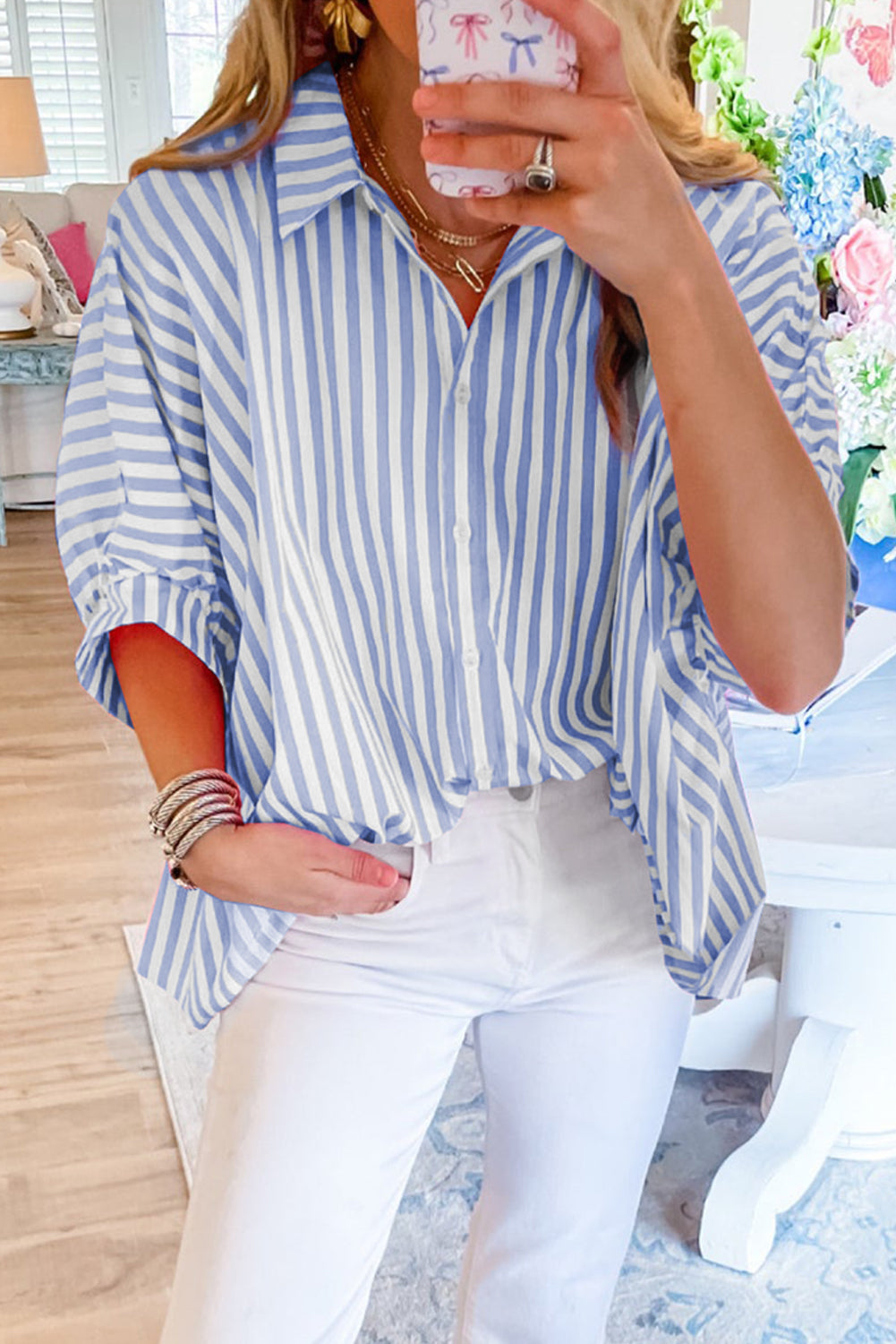 Pink Stripe Button Up Dolman Shirt - Stormyjay