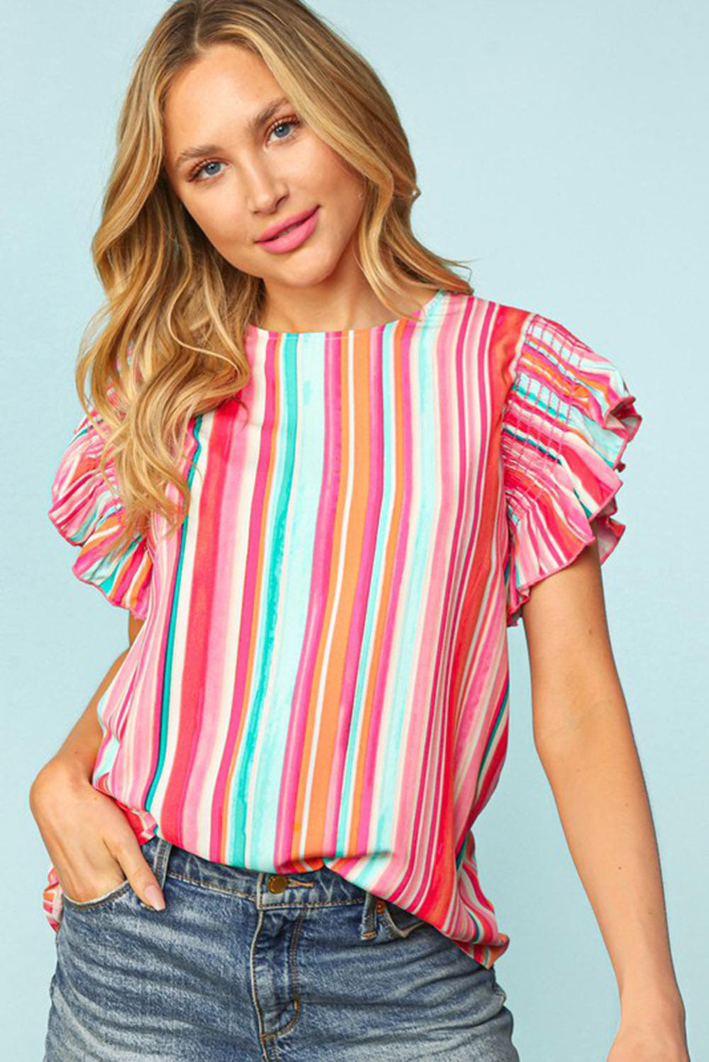 Multicolor Abstract Print Ruffle Sleeve Casual Blouse for Women - Stormyjay