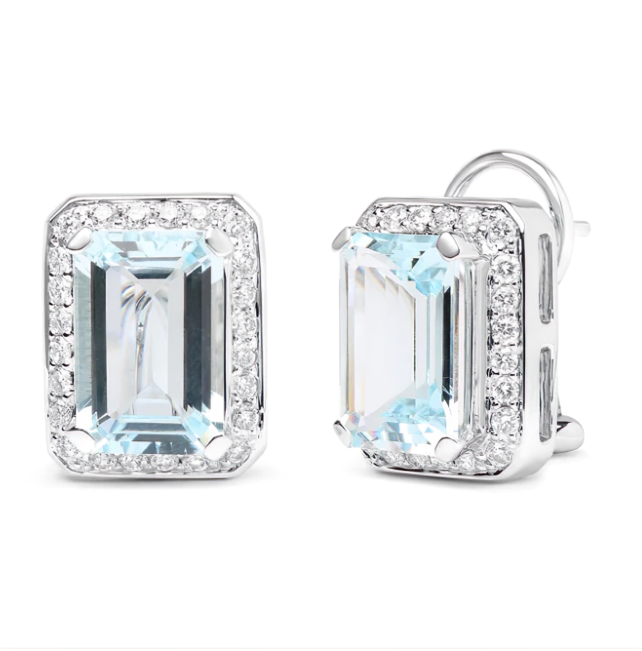 18K White Gold 3/4 Cttw Round Diamond and 13x9mm Emerald Cut Blue Aquamarine Gemstone Halo Omega Stud Earrings (G-H Color, SI1-SI2 Clarity) - Stormyjay