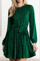 Green Crinkle Velvet Tie Waist Puff Sleeve Mini Dress - Stormyjay