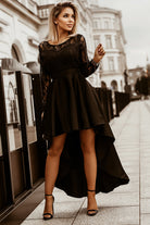 Black Long Sleeve Lace High Low Satin Prom Dress - Stormyjay