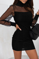 Black Dotted Mesh Striped Frilled Neck Bubble Sleeve Dress - Stormyjay