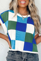 Grapefruit Orange Checkered Color Block Cap Sleeve Knitted Top - Stormyjay