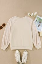 Parchment Eyelet Knit Patchwork Raglan Sleeve Sweatshirt - Stormyjay