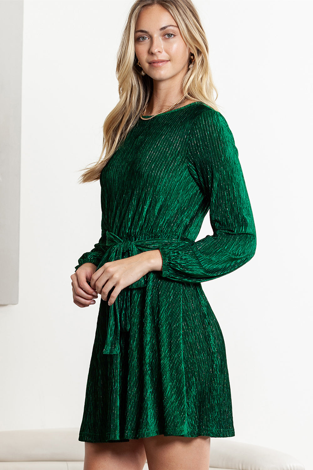 Green Crinkle Velvet Tie Waist Puff Sleeve Mini Dress - Stormyjay