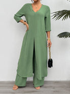 Women's Solid 2-PC Set Long Split Top Wide Leg Pant Suit H8ZF4E3S2Z - Stormyjay