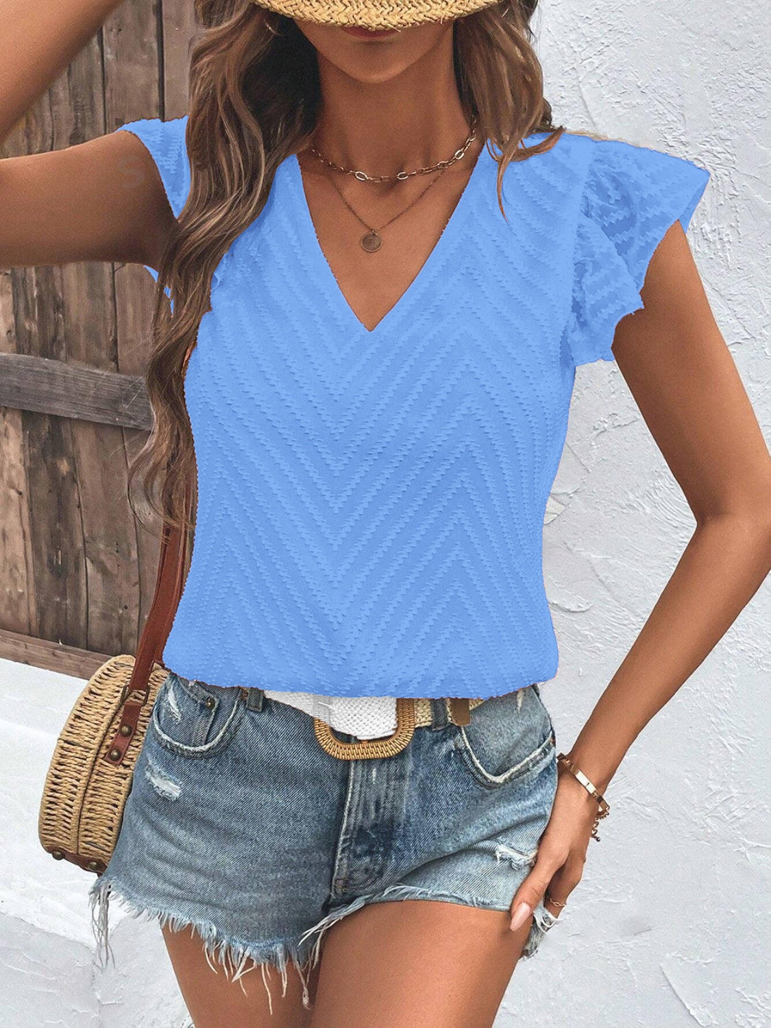 Textured V-Neck Cap Sleeve Blouse - Stormyjay